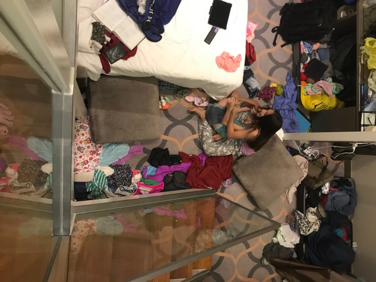 Looking down the steps at the mess below in our bizarre Singapore hotel room.